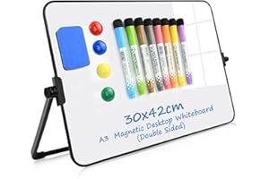 YIWONFU Lavagna bianca magnetica da scrivania, formato A3 (30 x 42 cm), doppia faccia cancellabile a secco, con supporto, piccola lavagna bianca in vetro per promemoria, calcoli, brainstorming, etichette di