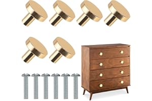 Tietoy 6 Pcs Gold Drawer Knobs Solid Brass Cabinet Knobs, 1.16 in Round Cupboard Knobs Single Hole Kitchen Gold Handle with Screws for Home Decorating Dresser Wardrobe Furniture Pull (29.5X25MM)