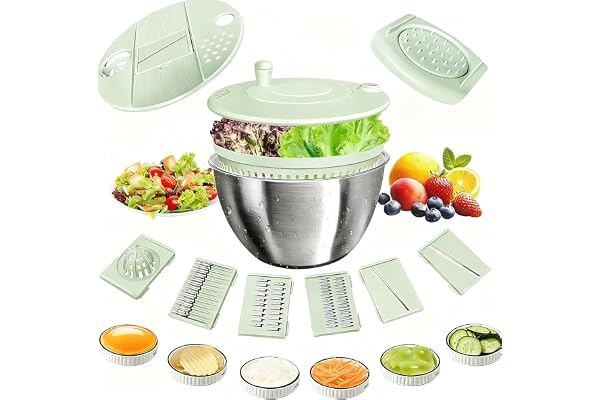 Essoreuse à Salade Souvik 5L Acier Inoxydable - Grande Capacité, Manivelle Bouton d'Arrêt, Panier Couvercle Base Antidérapante, Sans BPA, Compatible Lave-Vaisselle