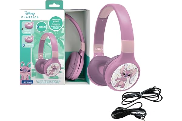 Lexibook, Disney Stitch, Casque Audio 2-en-1 Angel, Bluetooth & Filaire avec Micro et Boutons de contrôle, Pliable et Ajustable, Batterie Rechargeable Longue durée, Rose, HPBT010D1
