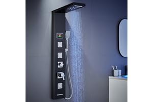 KINKIBOS Tower Shower Panel with Mixer, 5-Function Shower Column with LED Temperature Display Rain＆Waterfall, Massage Jets, Handheld Shower and Bath Spout, Shower Panel 304 Stainless Steel, Black