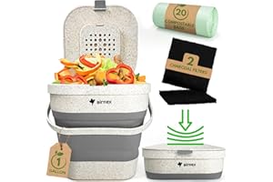 AIRNEX Collapsible Kitchen Food Waste Caddy with Lid - 3.8 L/1 Gal Food Bin Caddy Made of Wheat Straw - Odourless Small Compost Caddy Bin for Kitchen with 20 Compostable Trash Bags & 2 Carbon Filters