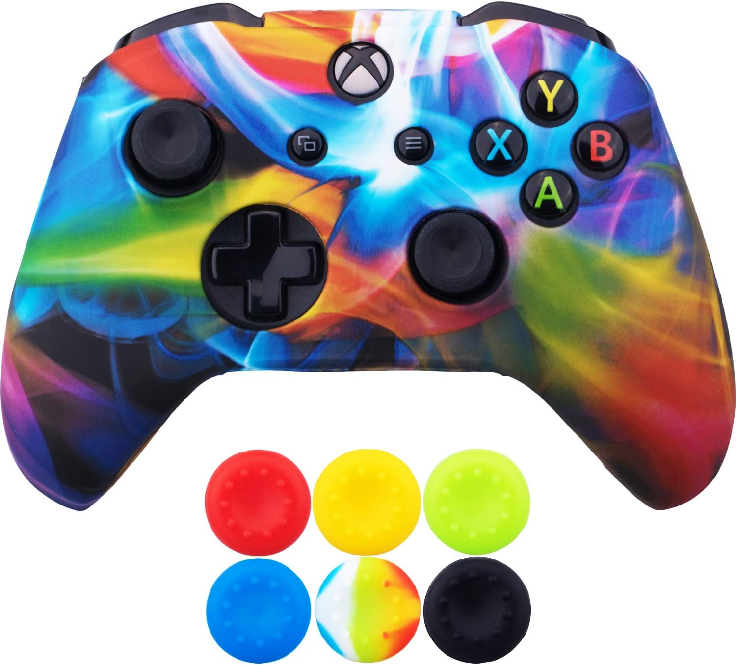 9CDeer 1 Piece of SiliconeTransfer Print Protective Cover Skin + 6 Thumb Grips for Xbox One/S/X Controller rainbow
