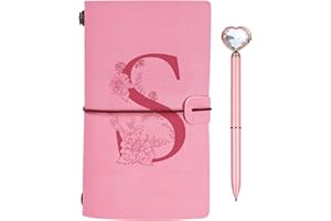 TOOZEN Regalo Diario in Pelle Iniziale, Diario di Viaggio Rosa, Taccuino in Pelle Rifillabile con Penna Diamante Cuore, Idee Regalo Compleanno, Ringraziamento, Natale per Donne Ragazze Amica Scrittori S