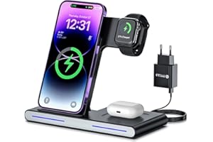 NICLOUS Bezprzewodowa ładowarka, stacja ładująca Apple Watch i iPhone, składana, 3 w 1, z adapterem QC 3.0, kompatybilna z iPhone 14/13/12/11/Pro/X/XS/8/8Plus, iWatch 8/7/6/SE/5/4/3/2, AirPods 3/2/Pro