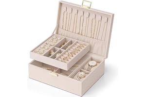 Vlando Schmuckkästchen für Damen Mädchen, 2 Ebenen Schmuckaufbewahrung PU-Leder, Schmuckkasten, Schmuck Organizer Damen, Schmuckschatulle, Uhren Aufbewahrung, für Ringe Ohrringe Halsketten, Beigerosa