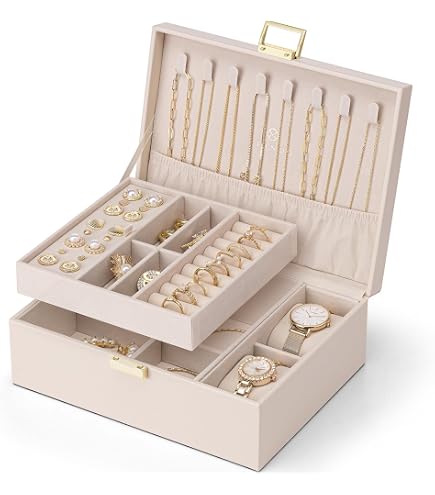 Portagioie per donne e ragazze, 2 strati rimovibili, grande custodia per gioielli, da viaggio, per anelli, orecchini, collane, bracciali, in pelle PU, confezione regalo, colore: bianco