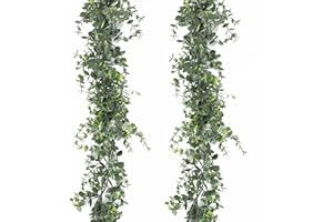 HANYUN Eucalyptus Garland 2 Pack 12 Ft Eucalyptus Leaf Wreath Fake Leaves Vine Green Garland for Wedding Background Arch Wall Decor Indoor Outdoor Table Decoration