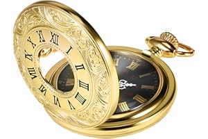 HICARER Vintage Pocket Watch Steel Men Watch with Chain (Gold)