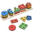 KANCAI Wooden Sorting Stacking Toys 25pcs Geometric Shapes Sorting and Stacking Block Board, Wooden Educational Puzzles for 2 3 4 Years Old Baby Boys Girls Toddlers