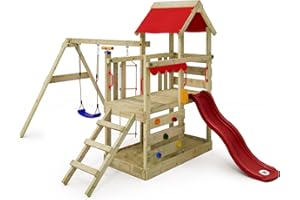 Gioco da giardino WICKEY TurboFlyer con altalena e scivolo rosso, struttura da esterno per bambini con sabbiera, scaletta e accessori da gioco