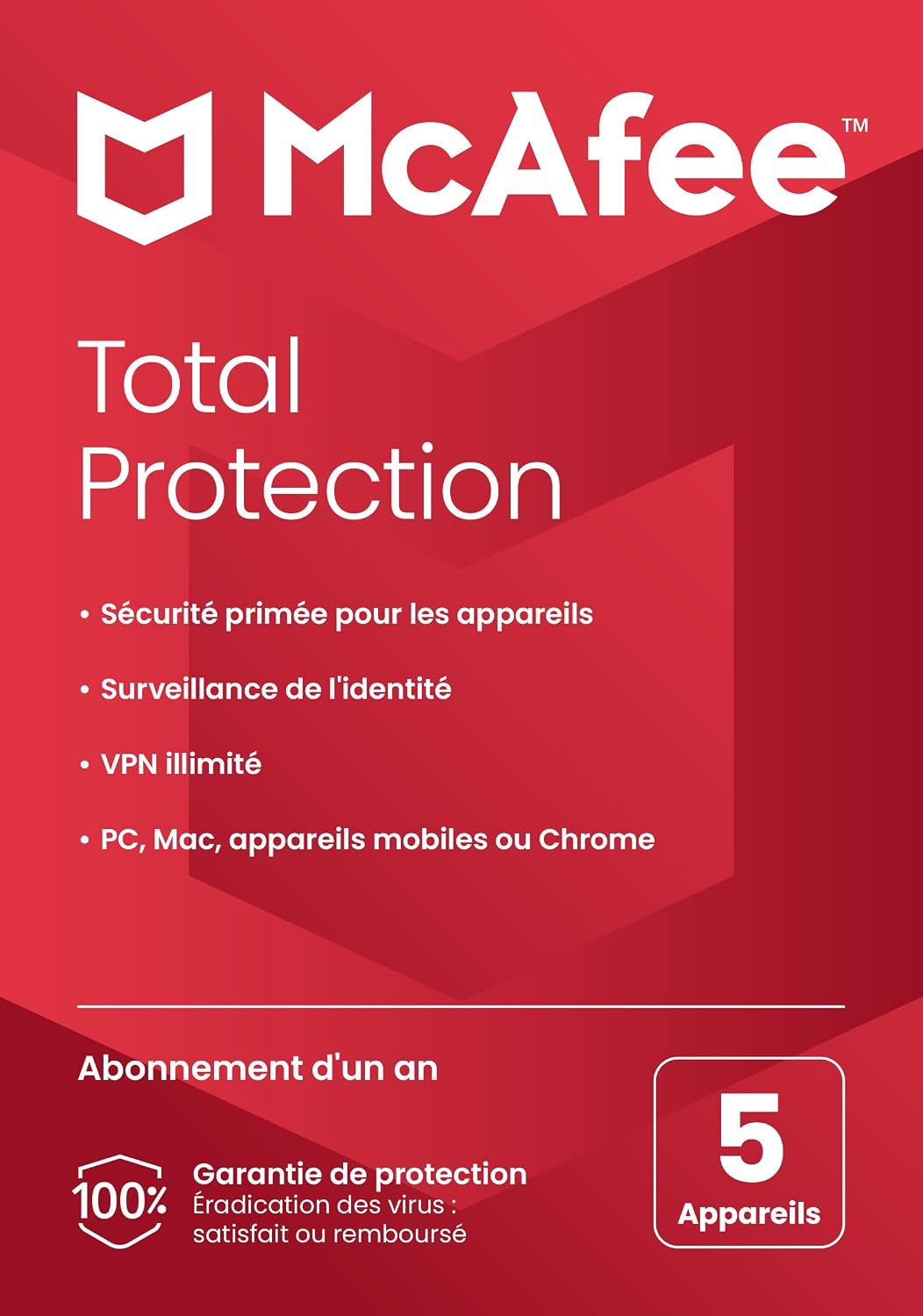 McAfee Total Protection 2023 | 5 appareils | Antivirus et sécurité Internet | VPN | Abonnement d'un an | Carte clé