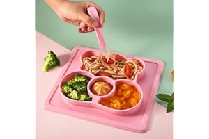 Angzhili Baby Silicone Placemat with a Spoon, Non-Slip Feeding Plate for Toddlers Babies Kids with Strong Suction Divided Placemat Self Feeding Training Divided Plate Dish and Bowl (Pink)
