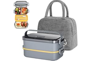 Haoh Lunch Box Kit, 1600ml 2 Strati Ermetica Porta Pranzo da Ufficio con Posate e Borsa Termica Porta Pranzo, Bento Box Microonde per Picnic Scuola Uffici Adulto Bambini (Grigio)