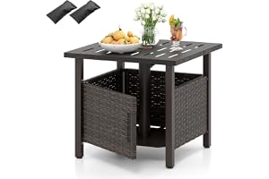 COSTWAY Sidobord utomhus väderbeständigt, rottingträdgårdsbord med paraplyhål och 2 sandsäckar, litet balkongbord, soffbord f