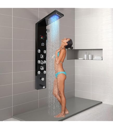 LED douchepaneel met 5 functies, eengreepsmengkraan en 1 regelaar, van roestvrij staal met temperatuurweergave en 4 ronde massagejets Kleur: chroom Orb