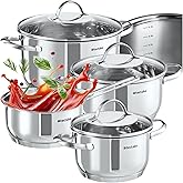 tectake® 7-Piece Pots & Saucepan Set in Stainless Steel with Glass Lids, Dishwasher-Safe Cookware Set with Heat-Resistant Han