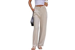 Fakanhui Pantalon habillé en lin pour femme - Pantalon de travail décontracté d'été - Jambe large - Pantalon droit en coton et lin