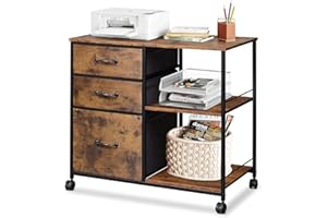 DEVAISE Archivador Retro 3 Cajones Marrón Envejecido Vintage, Soporte para Impresora con Estante Abierto, Papel A4 Carta para Oficina
