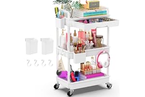 Yeabett 3 Tier Storage Trolley with Drawer, Utility Cart with Plastic Shelf & Lockable Wheels Multifunctional Storage Cart for Kitchen, Bathroom, Office, Living Room, White