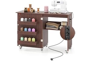 FANTASK Nähmaschinenschrank klappbar mit Ladestation, Nähschrank, Nähtisch aus Holz mit Regalen, 2 in 1 Nähmaschinentisch mit abschließbaren Rädern, Basteltisc für Schlafzimmer & Wohnzimmer (Kaffee)