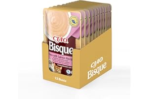 INABA CIAO Bisque di Tonno con Salmone, Cibo Umido per Gatti - Crema Sana e Deliziosa con Umidità Elevata - 12 Buste x 40 gr - Cibo per Gatti Complementare Senza Conservanti o Coloranti Artificiali