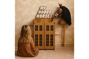 OliwoodCnc Hobby Horse stall för 2 käpphästar – häststall av MDF i ekutseende – leksaksorganisatör för barn med krokar – trähästtillbehör