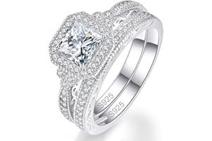 Bonlavie 925 Sterling Silver Princess and Round Cut White Cubic Zirconia Engagement Ring Set for Women Girls