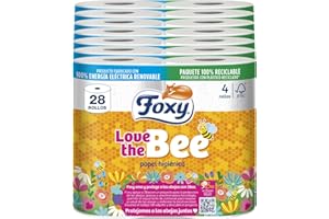 Foxy Love the Bee | 3 capas |Papel higiénico 28 rollos | 167 servicios por cada rollo | Certificación FSC | 100% Energía eléctrica renovable | Paquete reciclable producido con plástico reciclado