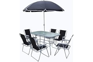 ECASA Durable Metal Garden Bistro Set With Six Folding Chairs & Parasol | Black