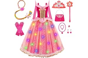 WIKITOT Princess Costume for Girls, Light Up Sleeping Princess Dress Up for 3 4 5 6 7 8 9 10 Years Old Girls, World Book Day Costumes Fancy Dress for Girls