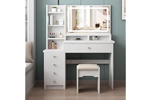 SAALU Schminktisch mit LED-Beleuchtung Spiegel,einstellbare Helligkeit, Schminktisch mit Stuhl, Frisiertisch mit 5 Schubladen und 4 Ablagen, Modern Kosmetiktisch aus Holz, Weiß (Y-154)