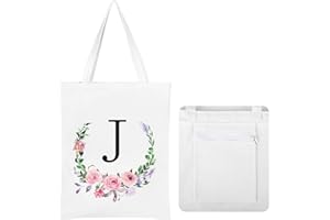 JNSMFC Floral Initial Canvas Tote Bag for Women,Personalized Letter Aesthetic Tote Bag with Zipper and Pocket