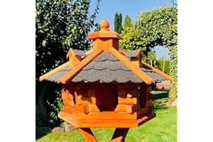 DARLUX handgefertigtes Sechseck Vogelhaus aus Holz wetterfest M - XXL wahlweise mit und ohne Ständer I Futterhaus I Futterhäuschen I wetterfest I Bitumdach (Größe L ohne Ständer, Schwarz - Braun)