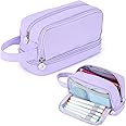 Alyvisun Large Capacity Pencil Case with 3 Compartments for Boys Girls, Desk Stationery Organizer Pencil Pouch with Handle, Portable Pencil Case for School Office Supplies (Purple)