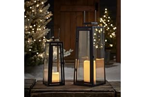 Lights4fun Set of 2 Decorative Black Metal Battery Operated Candle Lanterns with Timer Warm White LED Indoor Outdoor Use 40cm