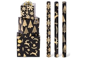 Toptime Papier Cadeau Noel, 3 Rouleaux 300x43cm Papier Cadeau Noir et Or avec Ruban Cadeau Autocollant, Métallique Brillant Emballage Cadeau Noel Rouleau avec Arbre de Noël, Flocons de Neige, Renne