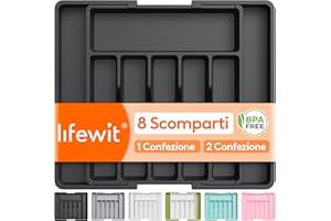 Lifewit Portaposate da Cassetto, Porta Posate Espandibile per Cassetto, Porta Posate Cucina Regolabile in Resistente Plastica per Cucchiai, Forchette e Coltelli, Grande, Nero