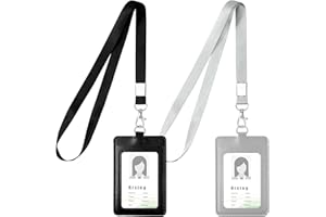 Vicloon Colgante de Tarjeta de Identificación PU, 2Pcs Soporte de Tarjeta ID de Doble, Caracuero Vertical Portatarjetas con Lanyard para Personal, Oficina (Negro&Gris