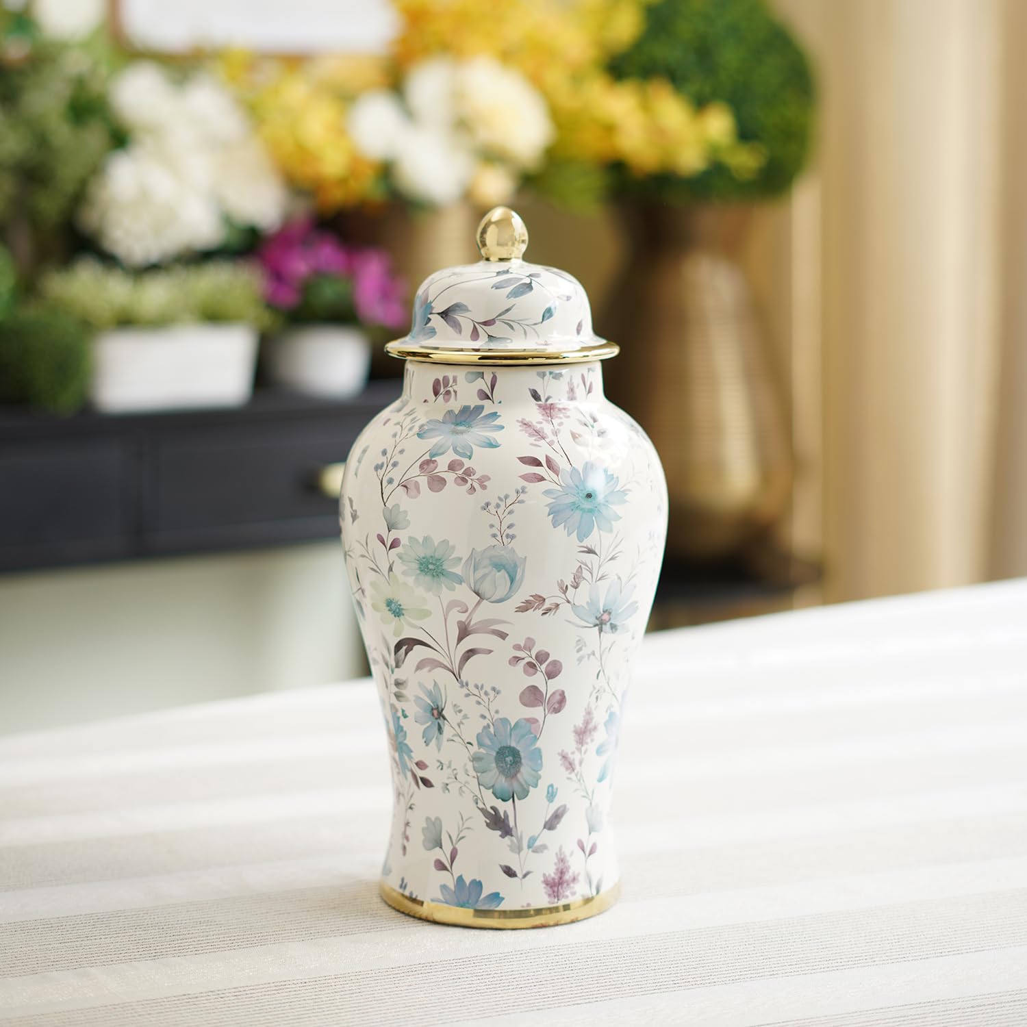 Pure Home + Living White and Blue Floral Print Ceramic Urn with Lid - Small