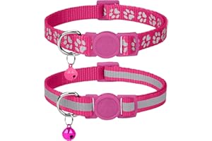 Taglory Collar Gato Reflectante, 2 Piezas Collares para Gatos con Cascabeles y Hebilla Seguro de Liberación Rápida, 19-32cm Fucsia