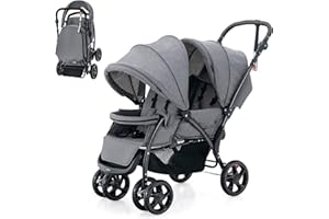 COSTWAY Carrito Gemelar Plegable, Silla de Paseo Doble Carga hasta 30kg, Sillita Doble para Gemelos con Cinturón de Seguridad de 5 Puntos, Respaldo Ajustable y Ruedas Bloqueables (Gris)
