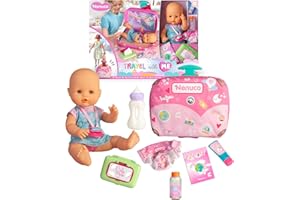 Nenuco - Viaja Conmigo, Muñeco de 30 cm con Cuerpo Duro con Maleta Cambiador, Incluye Cinturón para Transporte Seguro y 6 Accesorios de Cuidado, +2 años, Famosa (NFNC9000)