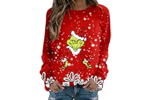 SONNENA Grinch Costume Maglione Natalizio a Maniche Lunghe Felpa da Donna Top Felpa Girocollo con Stampa Mostro Verde Natalizio Elegante Stampa T Shirt