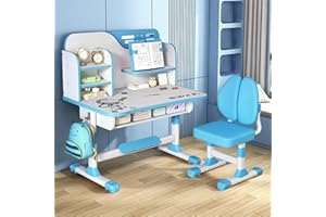 tinysiry Kids Study Desk and Chair Set,Height Adjustable Children School Table with Large Writing Board&Bookshelf&Drawer,Ergonomic Study Desk Chair with Astronaut Pattern Blue