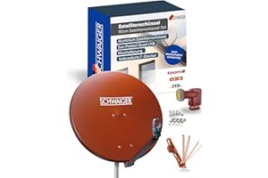 SCHWAIGER Satellitenschüssel Komplettset - Ø 88 cm Aluminium Offset Antenne in Rot - Inkl. Quad LNB 4-Fach - Digital HD & 4K Empfang - Integrierte Kabelführung & wetterfest