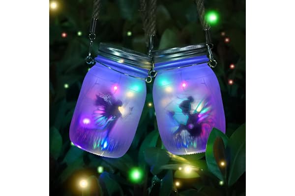 MLOQI Lot de 2 lanternes solaires pour extérieur, fée de papillon dans un bocal Mason, lampe de jardin solaire LED étanche à suspendre pour intérieur et extérieur Décoration (couleur)