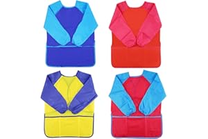 CIJIAINIENG 4 Pack Kids Art Aprons, Kids Art Smock with Long Sleeves , Waterproof Artist Painting Aprons, Children Craft Apron with 3 Pockets, for Girls Boys Age 2-8 Years Painting Drawing Cooking Eating Baking