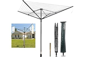 tonchean Wäschespinne 50 m 4-armig drehbare Wäscheleinen für den Außenbereich strapazierfähig zusammenklappbar mit Metallspitze und wasserdichter Abdeckung Metall Schwarz