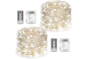 YIHONG 2 Set Fairy Lights Battery Powered with Remote Timer 8 Modes Twinkle String Lights 5M 50 LED Firefly Lights for Decoration - White